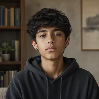 A headshot of a teenager with a relaxed, neutral face