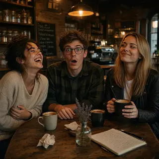 A group of three friends at a table: one laughing with head 