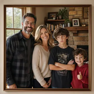 A family photo with four people: a father beaming with pride