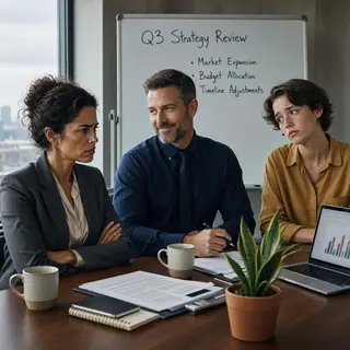 Three coworkers in a meeting: one looking frustrated with fu