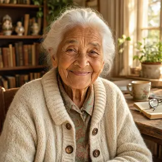An elderly woman in her 80s with deep wrinkles and white hai