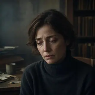 A face showing quiet melancholy — downcast eyes, slightly dr