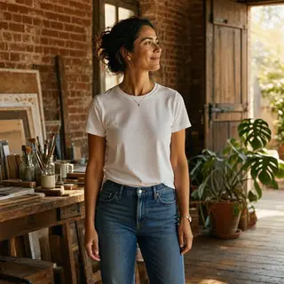 A woman standing upright in a relaxed pose, arms at her side