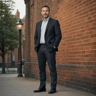 A man standing straight facing the camera, hands in pockets,