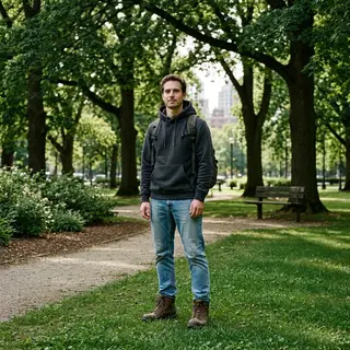 A person standing in a neutral pose in a park, full body vis