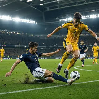 Two soccer players mid-tackle, one sliding and the other jum