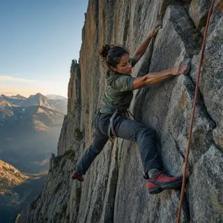 A rock climber clinging to a cliff face with arms and legs e