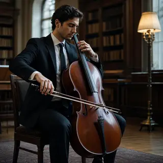 A cellist seated with correct posture, legs around the instr