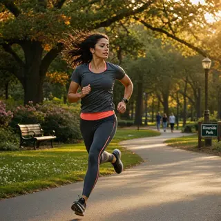 A woman mid-stride running through a park, hair and clothes 