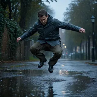 A man captured mid-jump over a puddle, body in the air with 