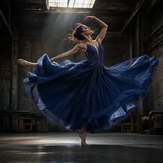 A dancer in a dynamic spin, dress flowing outward with one l