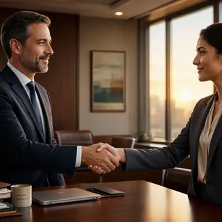 Two people shaking hands in a professional setting, all fing