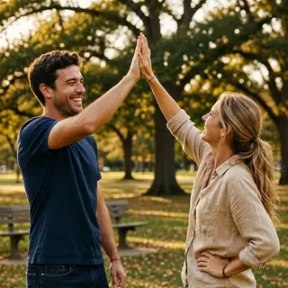 Two people doing a high-five, palms meeting with all fingers