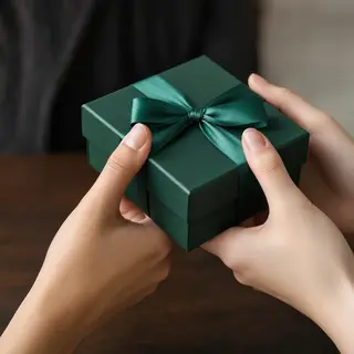 One person handing a small gift box to another person, both 