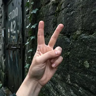 A person making a peace sign with their right hand, clearly 