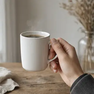 A person holding a white ceramic coffee mug by the handle wi