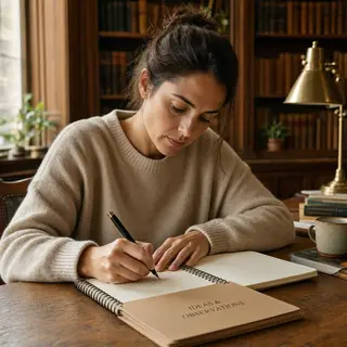 A woman writing in a notebook with a pen gripped correctly i