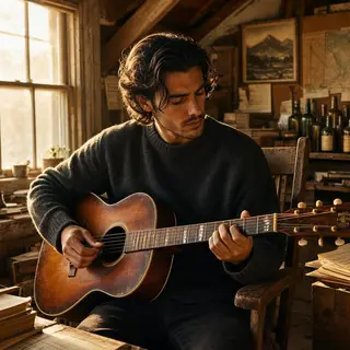 A person playing an acoustic guitar with left hand on the fr