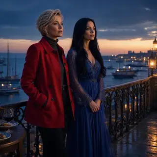 Two women standing side by side: one with short blonde hair 