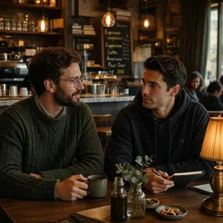 Two men at a cafe: one with a beard and glasses wearing a gr