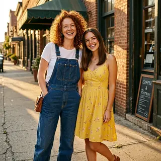 Two friends posing: one tall with curly red hair in denim ov
