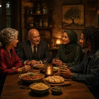 Four people at a dinner table: a bald man in a suit, a woman
