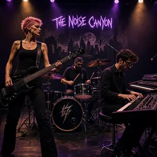 Three musicians on stage: a tall woman with short pink hair 