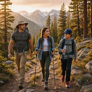 Three hikers on a trail: a man with a backpack and sunhat, a
