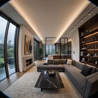 A wide-angle shot of a modern living room interior showing e