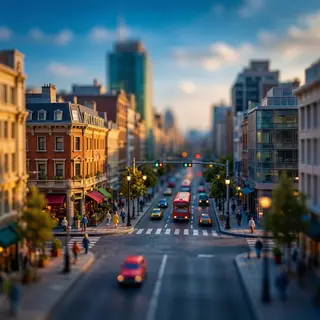 A tilt-shift photograph of a city street making real-life lo
