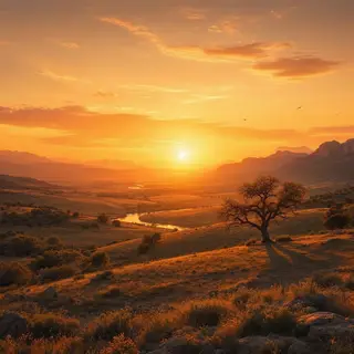 A landscape photograph bathed in golden hour light — long wa