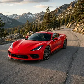 A bright red sports car parked on a gray asphalt road — the 