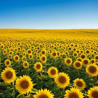 A field of pure sunflower yellow flowers under a clear blue 
