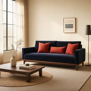 A minimalist room with walls in #F5E6CC (warm cream), a sofa