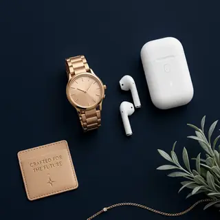 A product flat-lay on a #1A1A2E (deep dark blue) background,