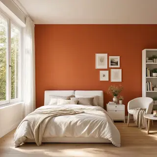 A bedroom wall painted in #FF6B35 (burnt orange) with white 