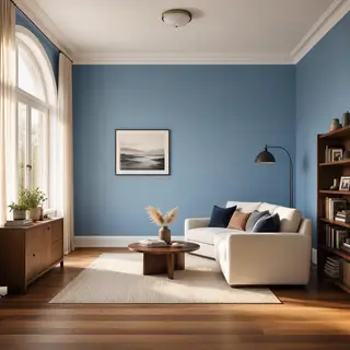 A room with walls in #4A90D9 (medium blue) with warm wooden 