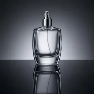 A clear glass perfume bottle on a reflective black surface w