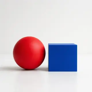 A red ball and a blue cube sitting side by side on a white s