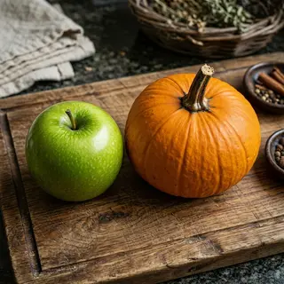 A green apple and an orange pumpkin on a wooden cutting boar