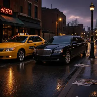 A yellow taxi and a black limousine parked next to each othe