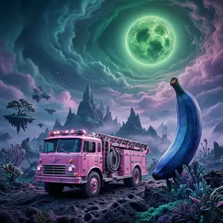 A pink fire truck, a blue banana, and a green sun in a surre