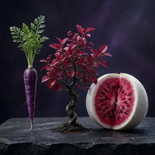 A purple carrot, a red tree with red leaves, and a white wat