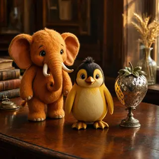 An orange elephant, a yellow penguin, and a silver strawberr