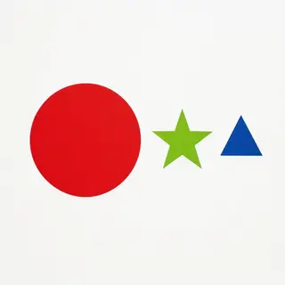 A large red circle, a small blue triangle, and a medium gree