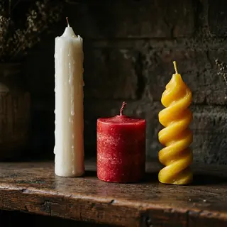 A tall thin white candle, a short fat red candle, and a medi