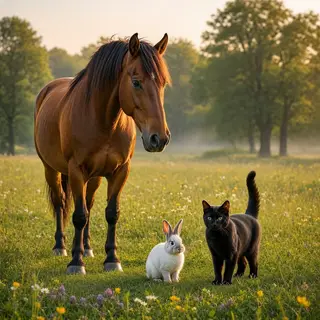 A big brown horse, a small white rabbit, and a medium-sized 