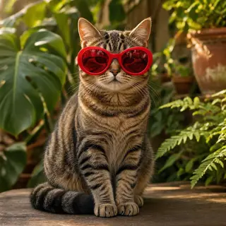 A tabby cat wearing oversized red sunglasses
