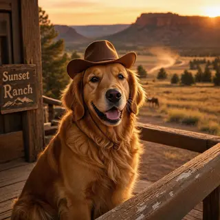A golden retriever wearing a tiny cowboy hat