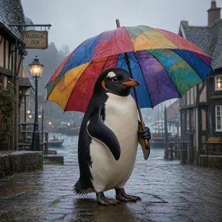 A penguin holding a colorful umbrella